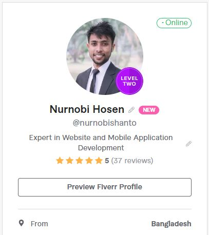 Md. Nurnobi Hosen - Official Fiverr Level 2 Profile Card